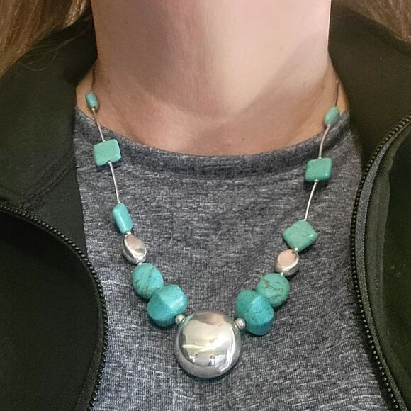 Vintage Sterling Turquoise Stone  Beaded Pendant Necklace - Picture 6 of 6